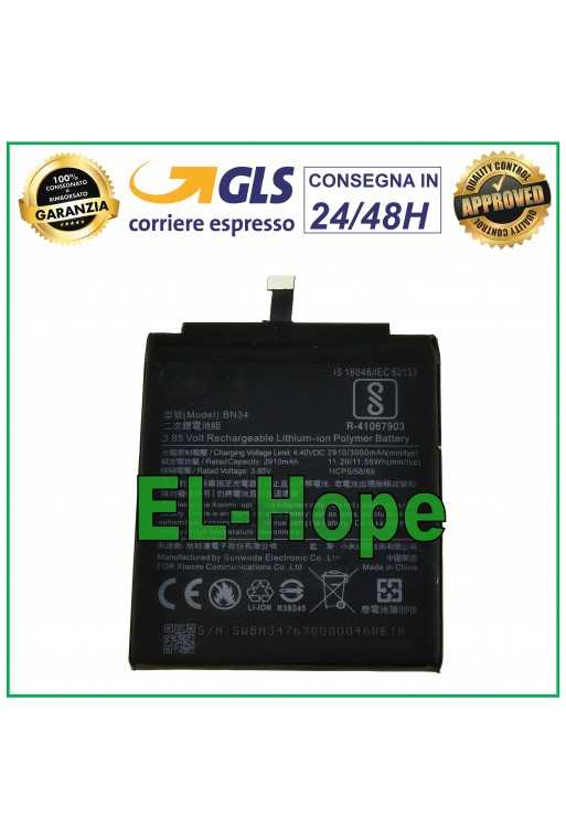 BATTERIA BN34 PER XIAOMI REDMI MI 5A 3000 mAh 3.85V PILA BATTERY PARI ORIGINALE BATTERIA BN34 PER XIAOMI REDMI MI 5A 3000 mAh 3.85V PILA BATTERY PARI ORIGINALE